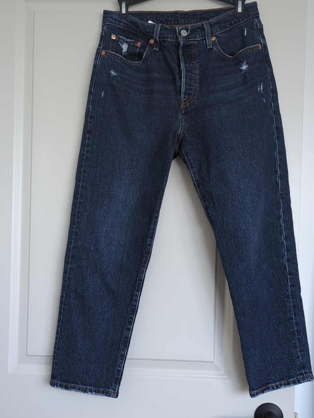 Levi Women's Jeans 501 Dark Blue Washed Distressed - Classic Straight Fit - 28